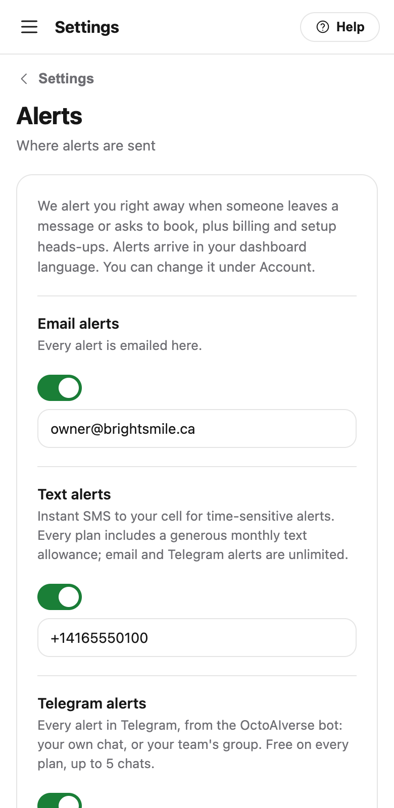 Alert settings on a phone: email, SMS and Telegram alerts, each with its own switch.
