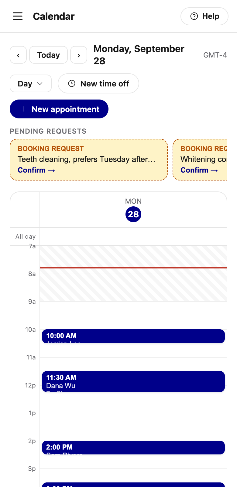 The calendar on a phone: booking requests waiting to be confirmed above today’s appointments.