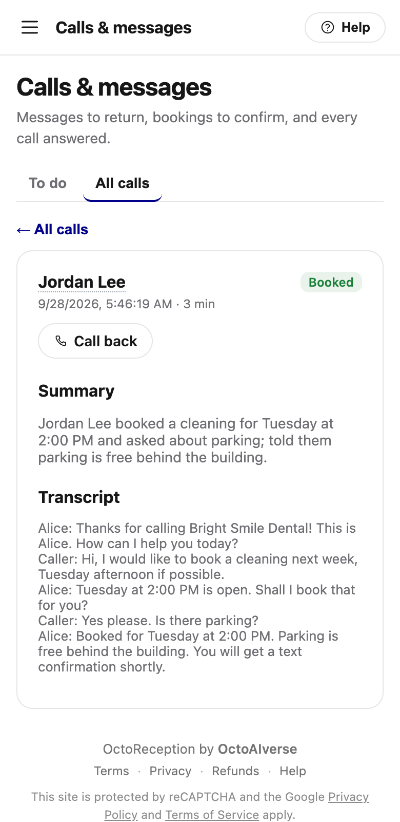 A call on a phone: who called, a summary of the conversation and the full transcript.