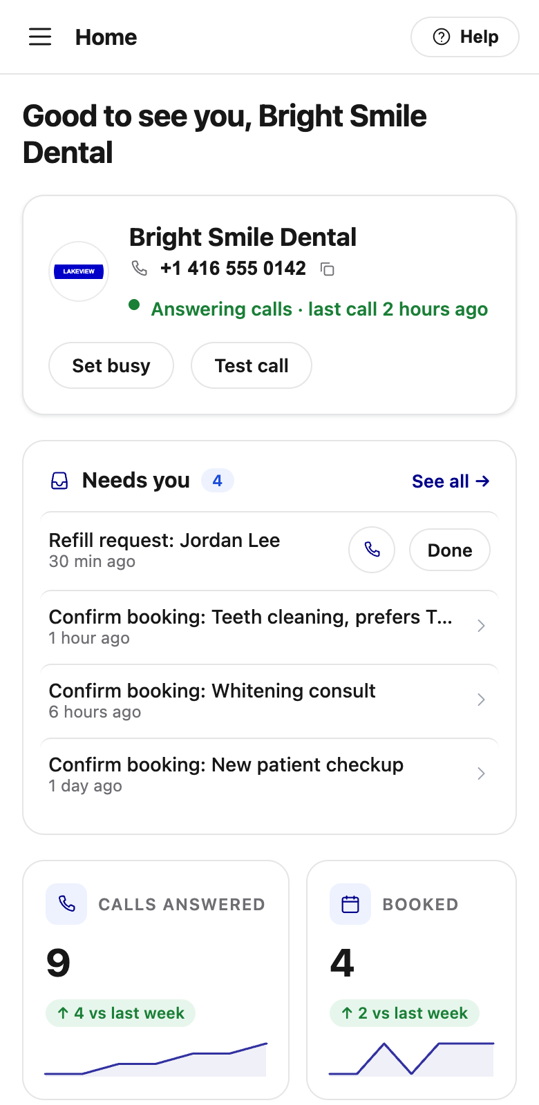 The OctoReception dashboard on a phone: the receptionist is answering calls, with the requests that need you and today’s numbers below.