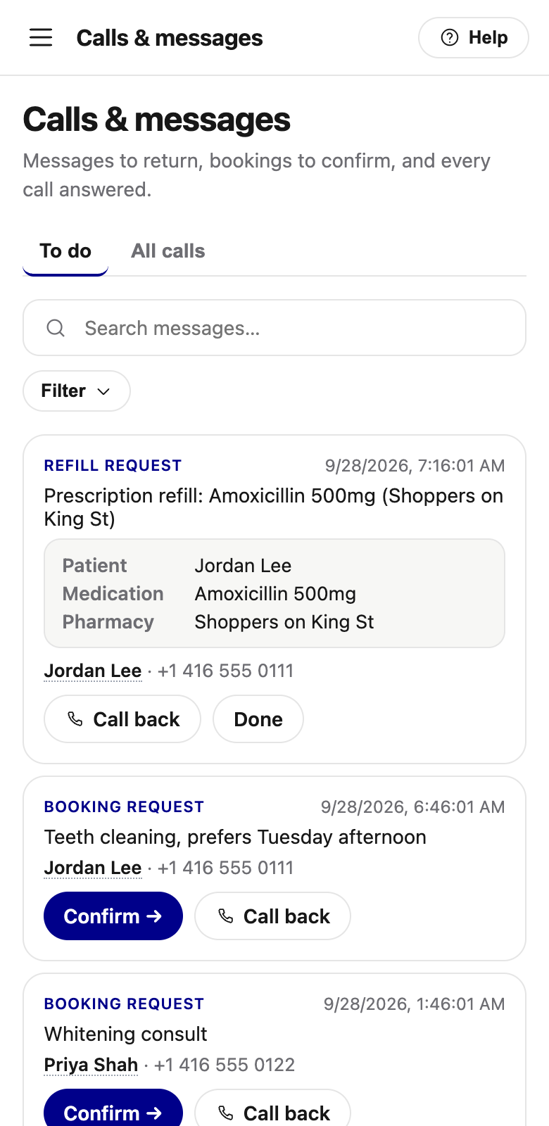 The to-do list on a phone: a prescription refill to call back and booking requests to confirm, each with the caller’s name and number.